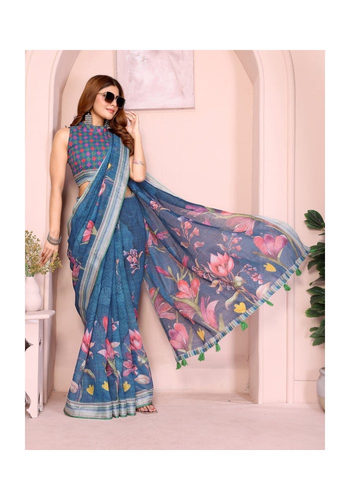 Malishka Export Floral Print Blue Saree for Women - Image 4